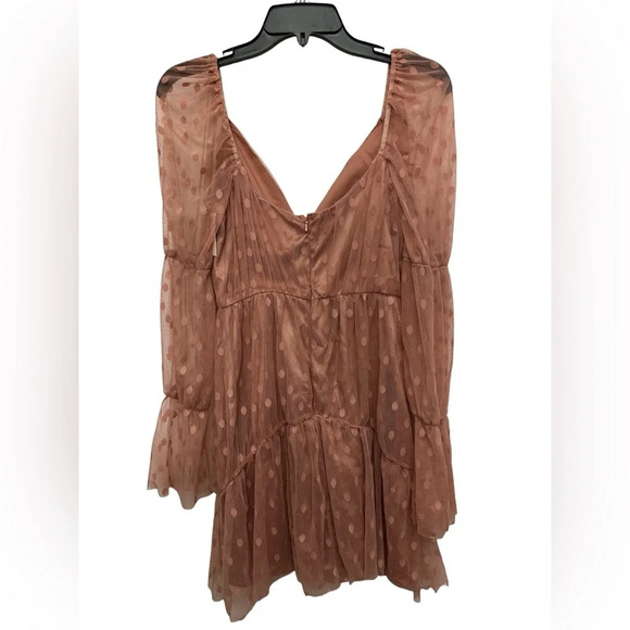 ASOS Design Tiered Satin Mesh Mini Dress Size 4 Dusty Pink Long Sheer Sleeve NWT - Picture 2 of 6